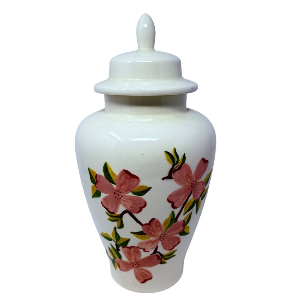 Vintage Hand Painted Lidded Ceramic Ginger Jar with Pink Dogwood Blossoms, 15” T